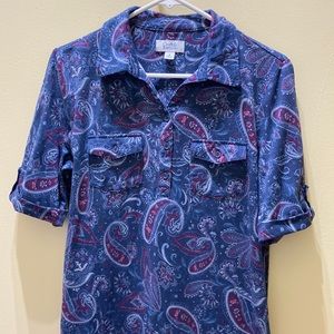 Croft & Barrow soft stretch blue paisley long polo shirt shift dress M casual